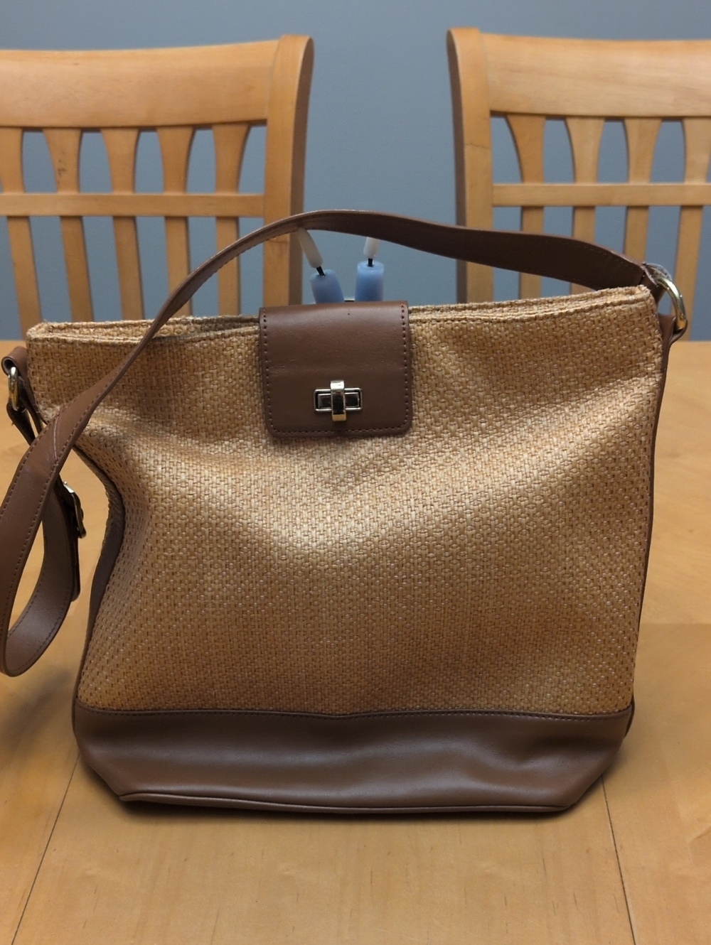 Talbots Straw-Style Shoulder Bag with Brown Leather Trim